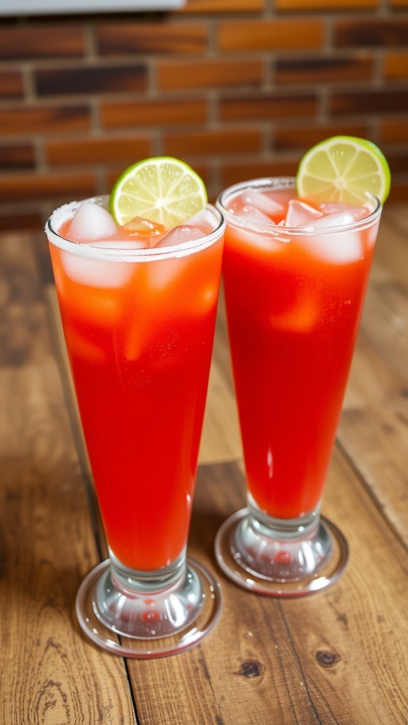 Two glasses of non-alcoholic michelada with lime wedges and salt rim, served over ice.